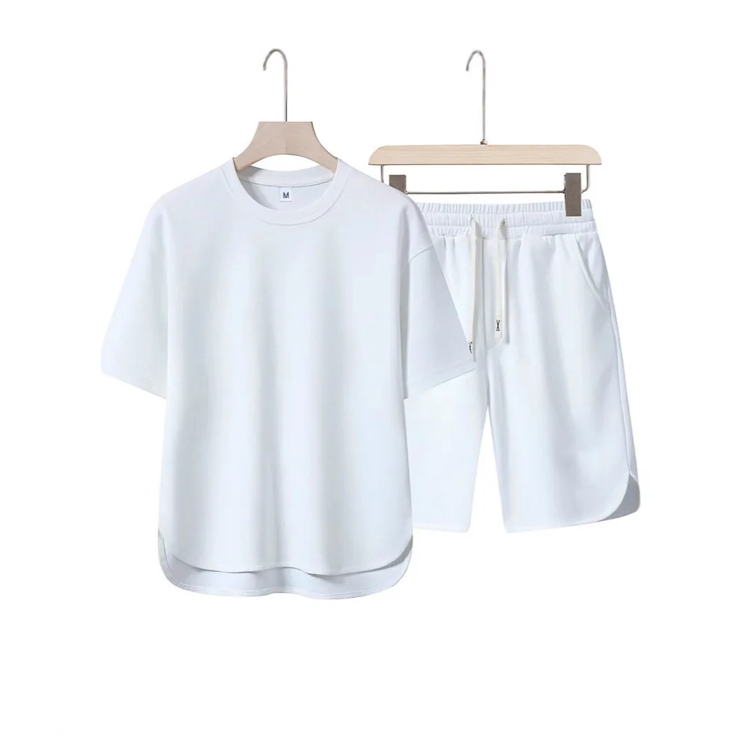 Men's Round Neck Short Sleeved Shorts Fashion Men's Summer Set Two-piece Set Breathable T-shirt Hem Curved Shorts Set