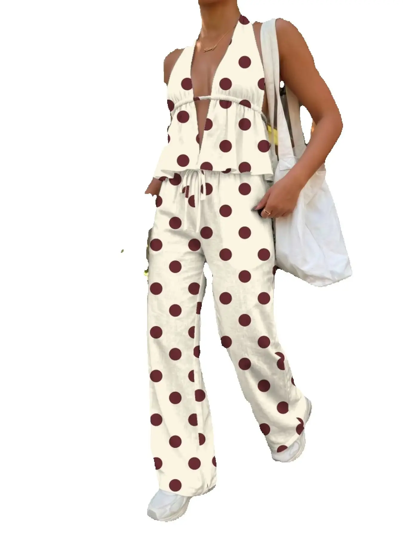 Vintage Large Dot Halter Top with Frill & Drawstring Wide Leg Pants Set Y2K Boho Style Open Back Peplum Ruffle Hem Elastic High view 6