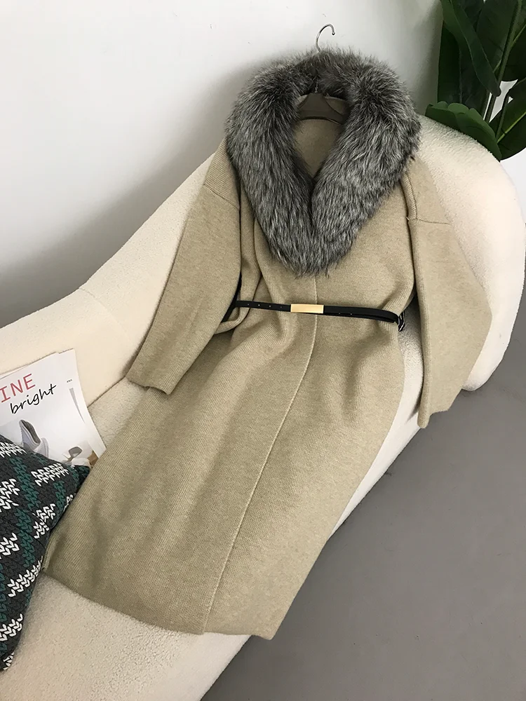 

Women Natural Fox Fur Collar Belt Long Loose Thick Warm Outerwear Sweater Knitting 2025 Real Fur Coat Winter Jacket