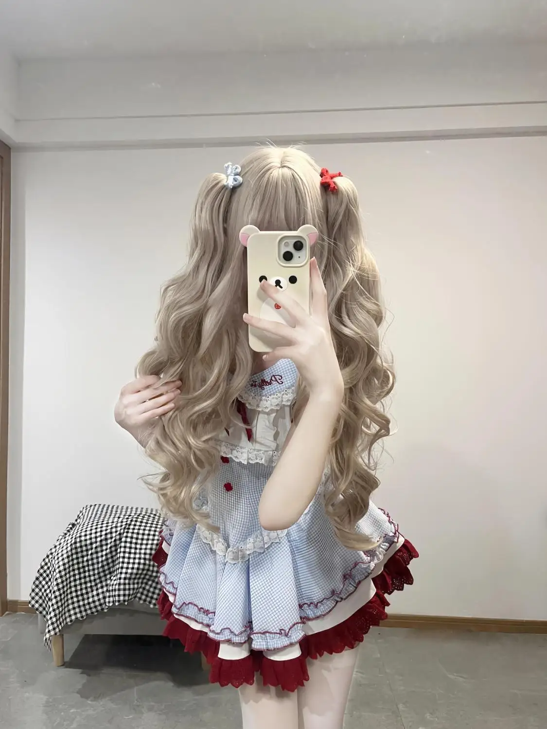 الحلو لطيف فتاة عالية الخصر الأزرق منقوشة الحمالة فستان قصير القوس الدانتيل دمية طوق الصيف فساتين منتفخة جديدة للنساء #3