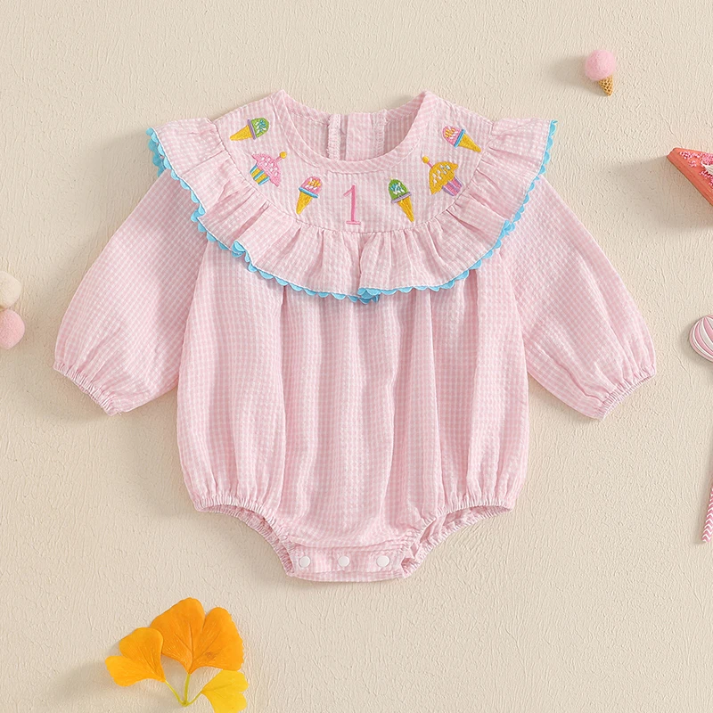 Baby Girl Birthday Romper Striped Ice Cream Embroidery Ruffle Trim Long Sleeve Bodysuits Jumpsuit Spring Fall Clothes