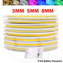 5V COB Led Strip with AA Battery Box Powered 3MM 5MM 8MM 320 LEDs/M Warm Natural Cool White Blue Red Tape for Room TV Backlight