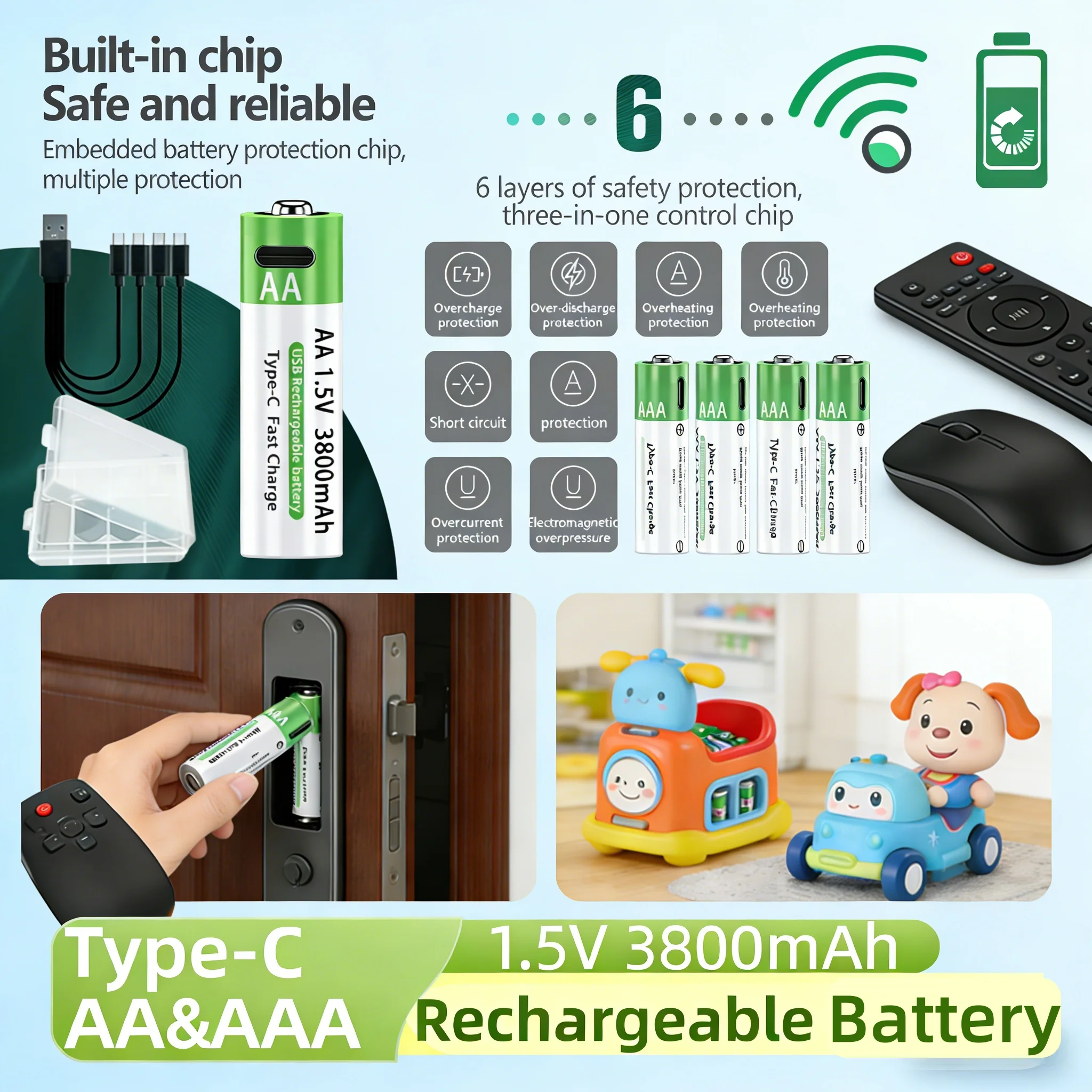 

Type-C Rechargeable High-Capacity Battery AA&AAA Battery Lithium-Ion Battery for Remote Control, Mouse, Electric Toys