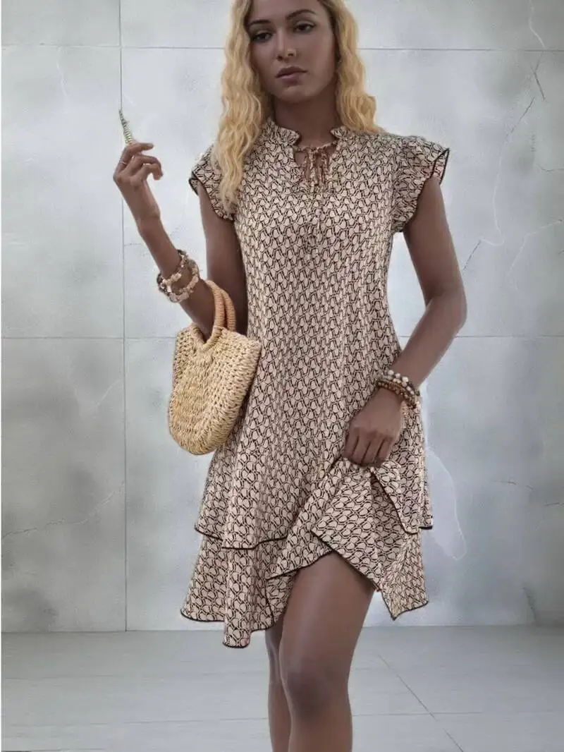 Mini abito casual da donna elegante con volant allentato, stampa bohémien, scollo a V, con lacci, piccoli abiti con maniche volanti per le donne