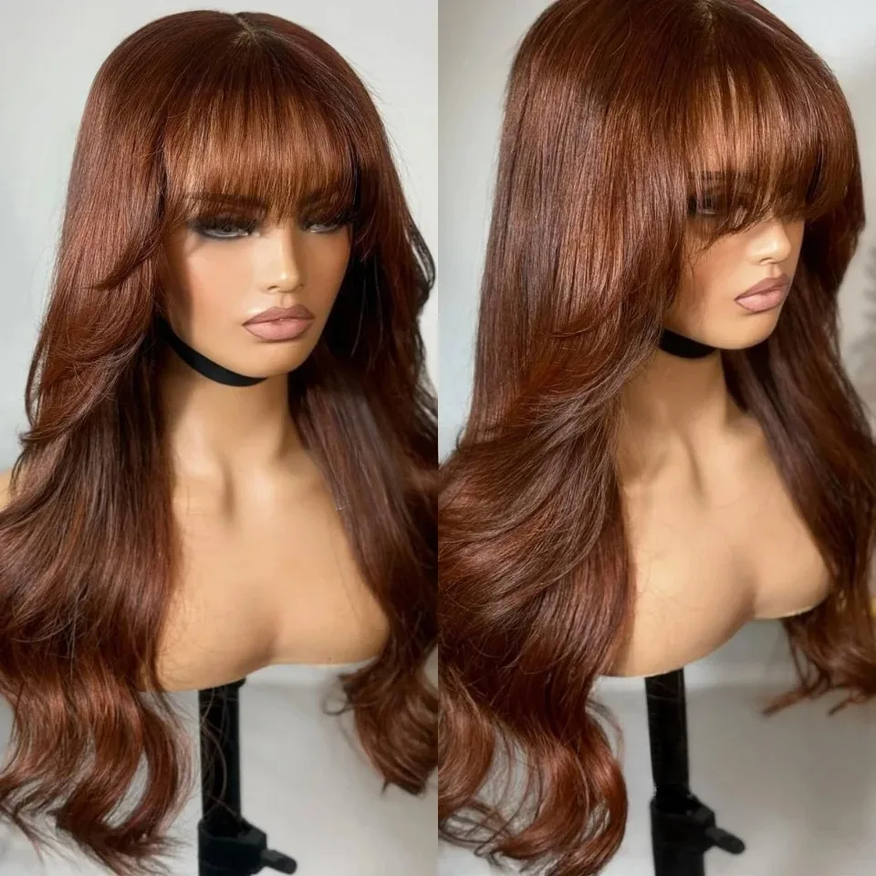 

Chocolate Brown Wig With Bangs Long Body Wave Lace Front Wig 13X4 HD Glueless Pre Plucked Synthetic Heat Resistant Daily Cosplay