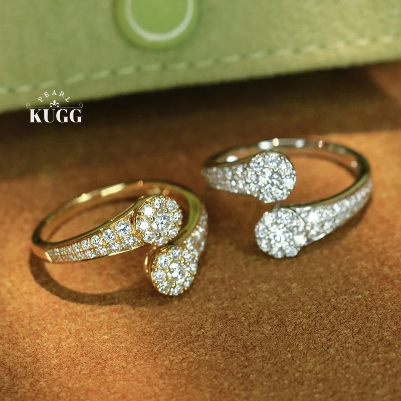

KUGG 100% 18K White/Yellow Gold Rings Luxury Design 0.92carat Real Natural Diamond Open Ring for Women High Wedding Jewelry