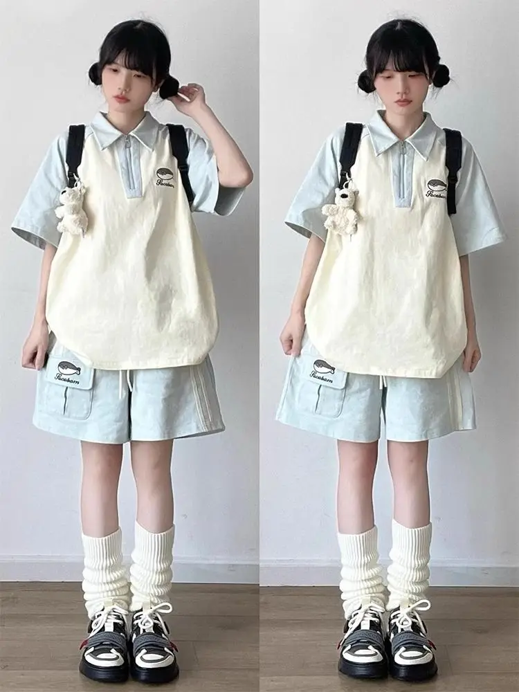 

Japanese Casual Sportswear Set Student Summer Fashion Loose Preppy Style Short Sleeved Polo Shirt + Casual Shorts Y2k Suits