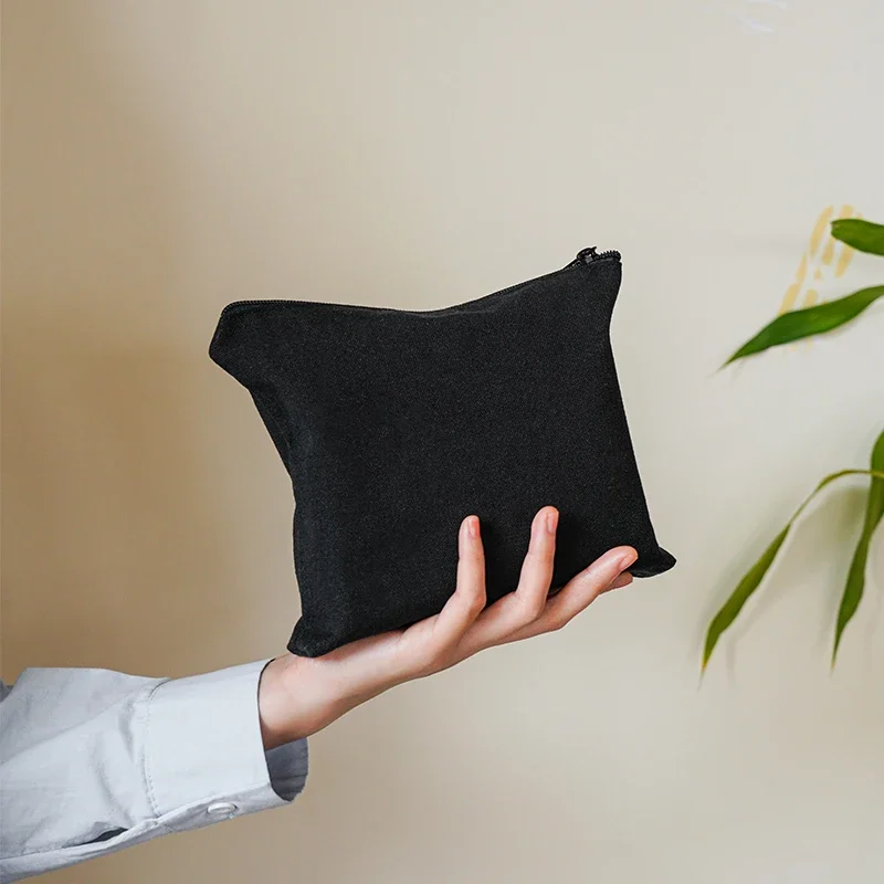 

Pure Black Makeup Bag Women's Portable Cosmetic Lipstick Storage Bag Zipper Single Layer Canvas Bag Commuter Toiletry Bag Ins