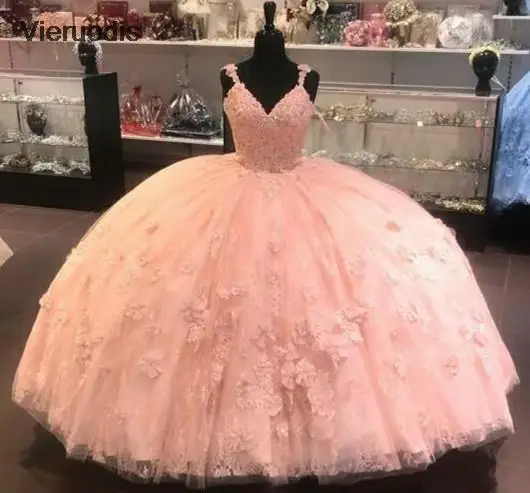

2021 Vestidos Quinceanera Dresses Peach Appliques Sexy V Neck Spaghetti Strap Bodice Corset Back Long 15 Year Formal Prom Dress