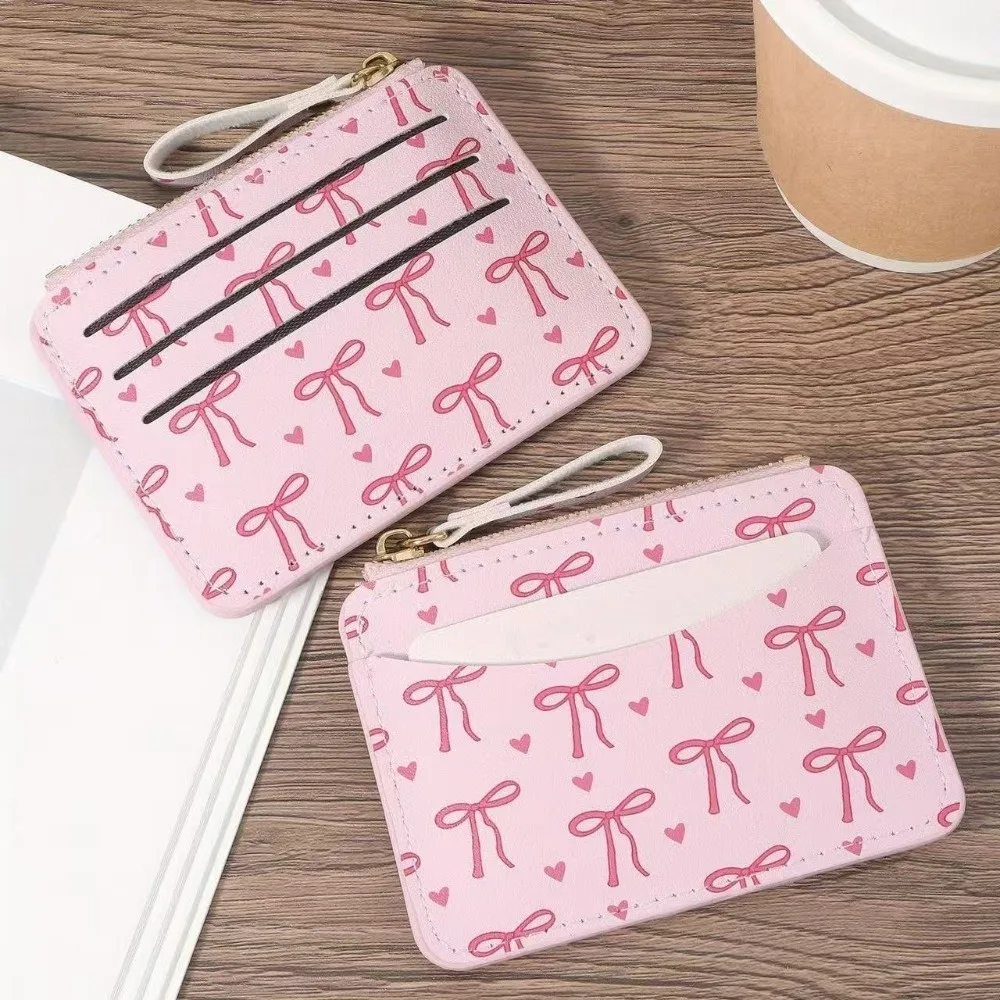 Simple PU Leather Bow Wallet Zipper Multi-card Slot Short Card Bag Storage Coin Purse Card Holder Lady