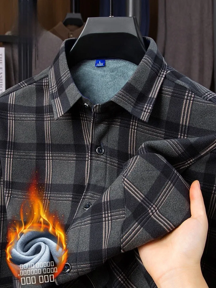 

Мужская утепленная рубашка-поло с длинным рукавом, теплая, в клетку, для бизнеса и повседневной носки, зимняя, в стиле ретро, из полиэстера