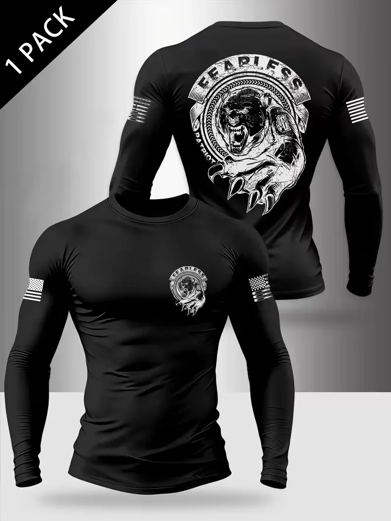 Men's FEARLESS Black Panther Graphic Long Sleeve T-Shirt fashion Men's Quick-Drying Fitness Sportswear Gym Breathable men's Top