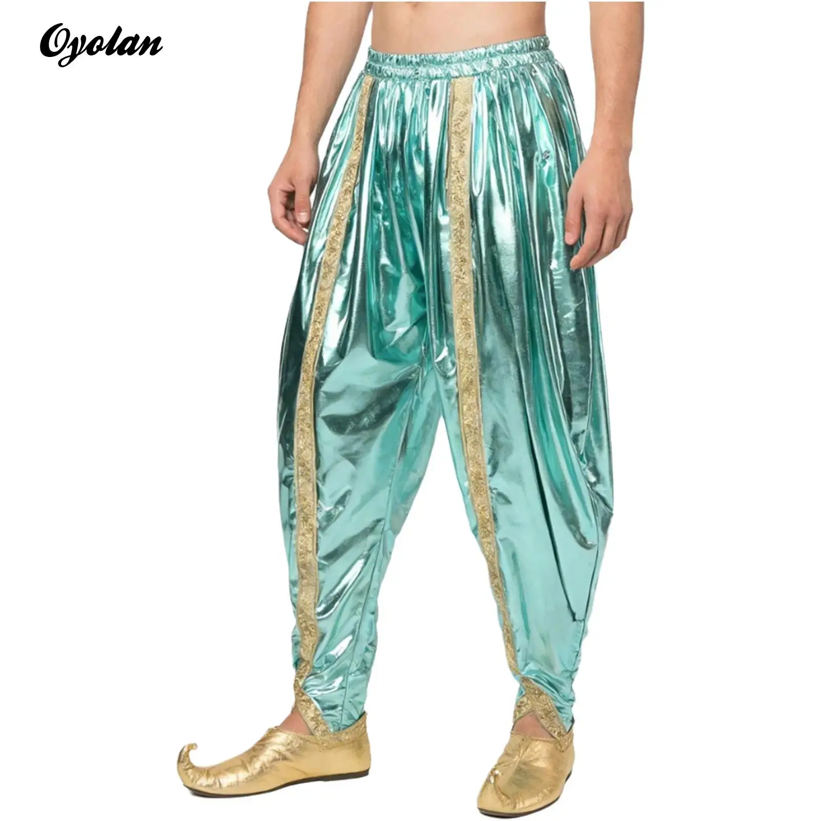

Мужские индийские брюки Dhoti, карнавальный костюм принца, карнавальный костюм для вечеринки, золотая парча, отделка, металлические блестящие арабские мешковатые шаровары, брюки-палаццо