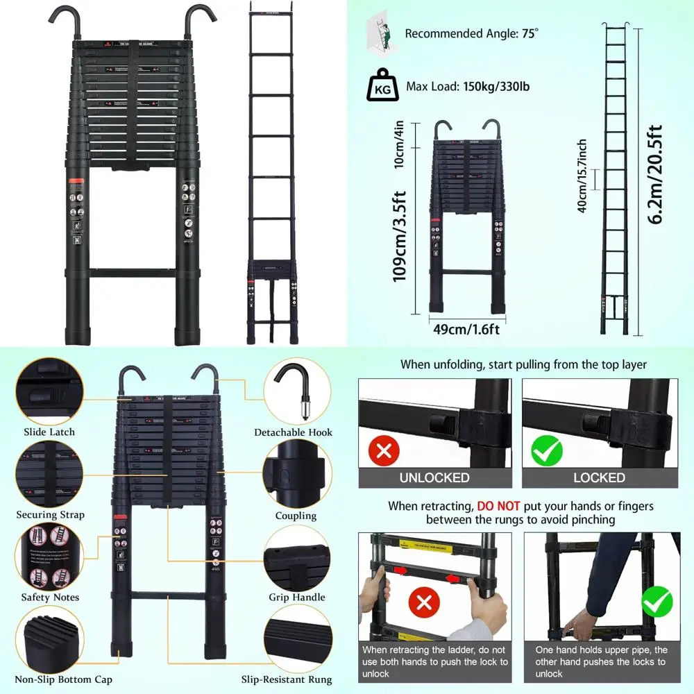 Escalera telescópica de aluminio, extensión de 20,5 pies, plegable portátil para acceso a Loft y ático, uso multiusos