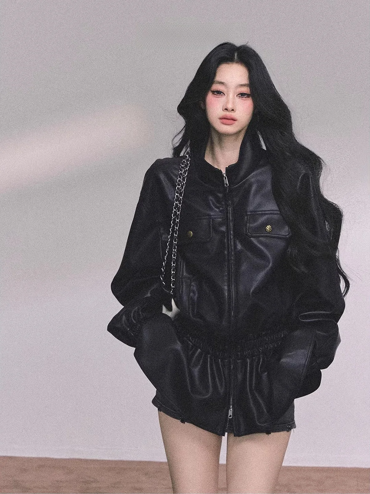 AOMALM Giacca in Pelle PU da Donna con Collo Alto, Cappotto Autunno Inverno alla Moda, Manica Lunga con Chiusura a Cerniera