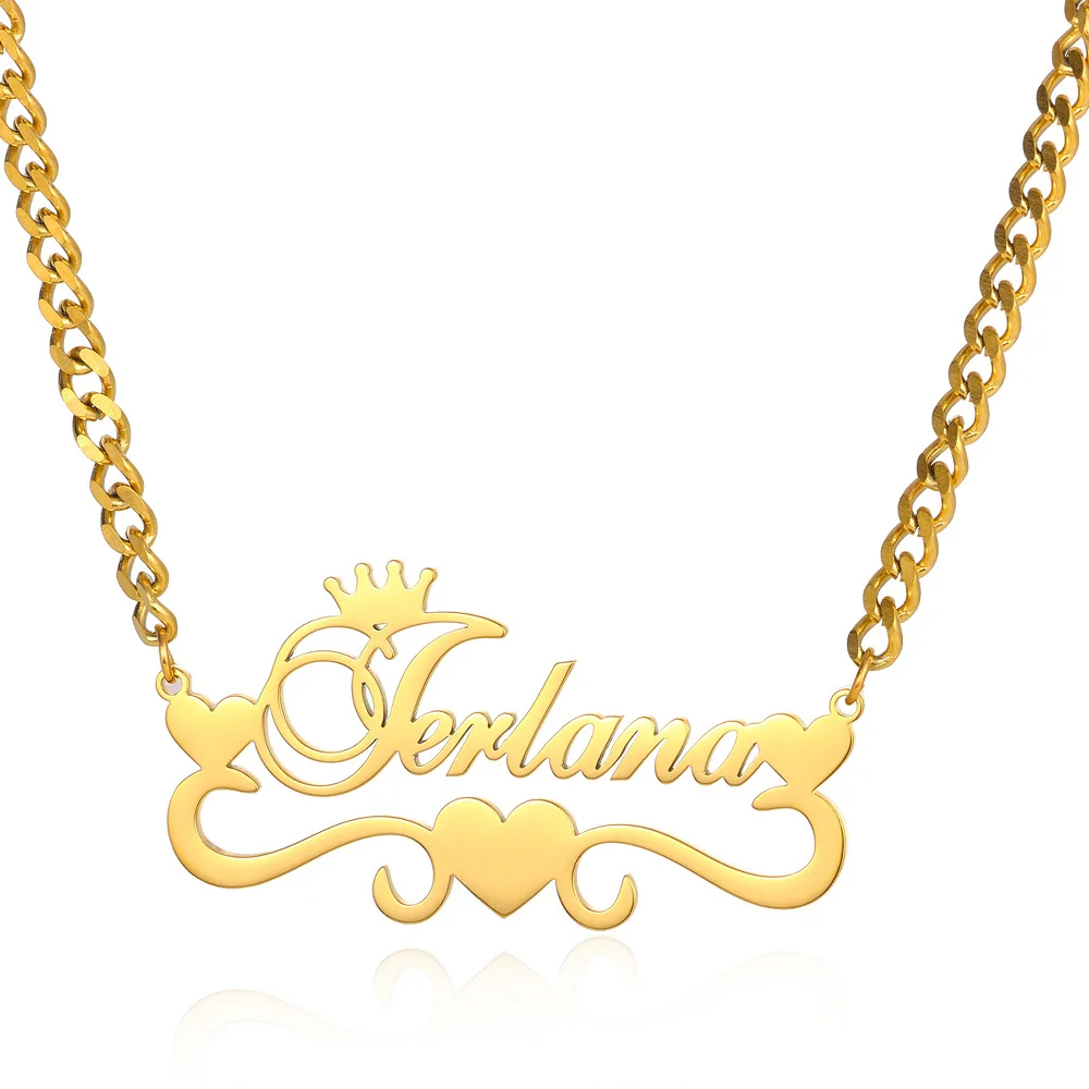 Custom Gold Color Crown Name Necklace Women Girl Jewelry Stainless Steel Cuban Chain Heart Ribbon Nameplate Pendant Necklace