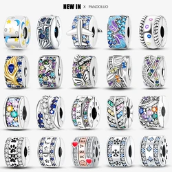 2024 New in Hot Sale Color Zircon Angle Round Clip Bead Fit Pandora 925 Original Bracelet Women Silver Safety Chain Jewelry Gift