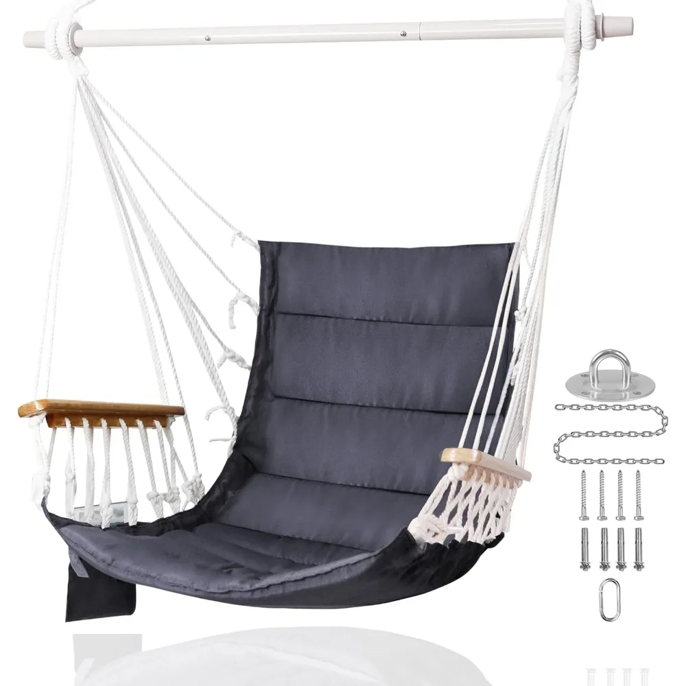 

Стул-гамак, подвесные качели для крыльца с деревянными подлокотниками и боковым карманом; стальная распорка, комплект оборудования в комплекте; стеганая ткань; до