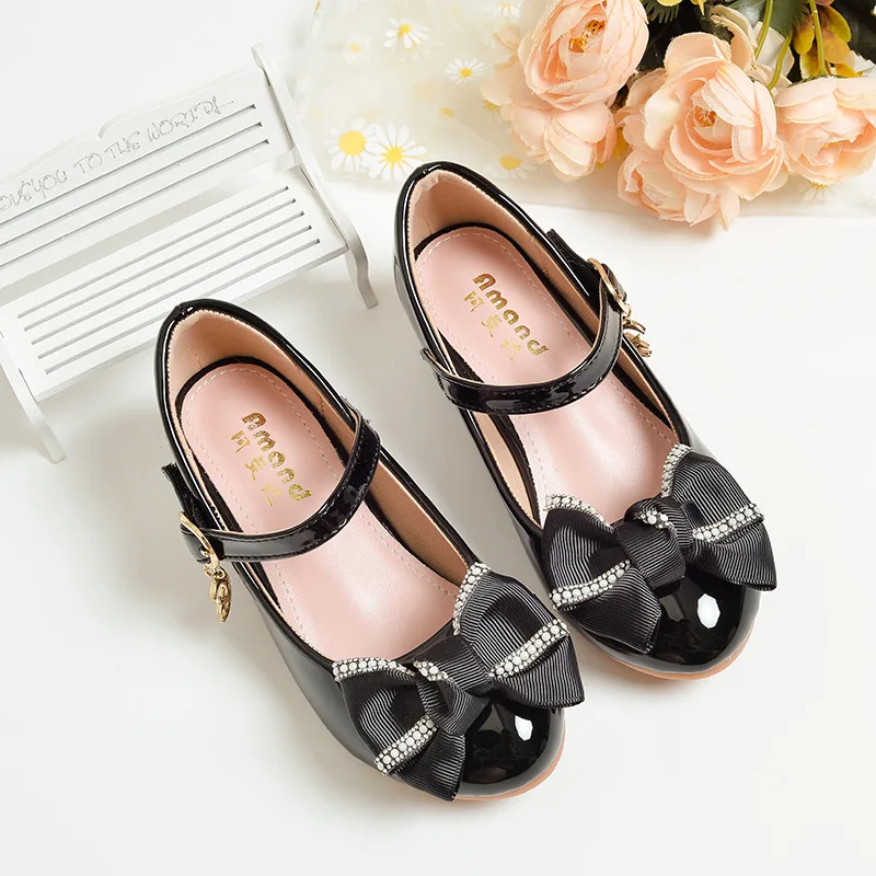 Children\'s Leather Shoes 2023 Spring New Fashion Bow Kids High Heels Round Head Baby Girl Princess Shoes