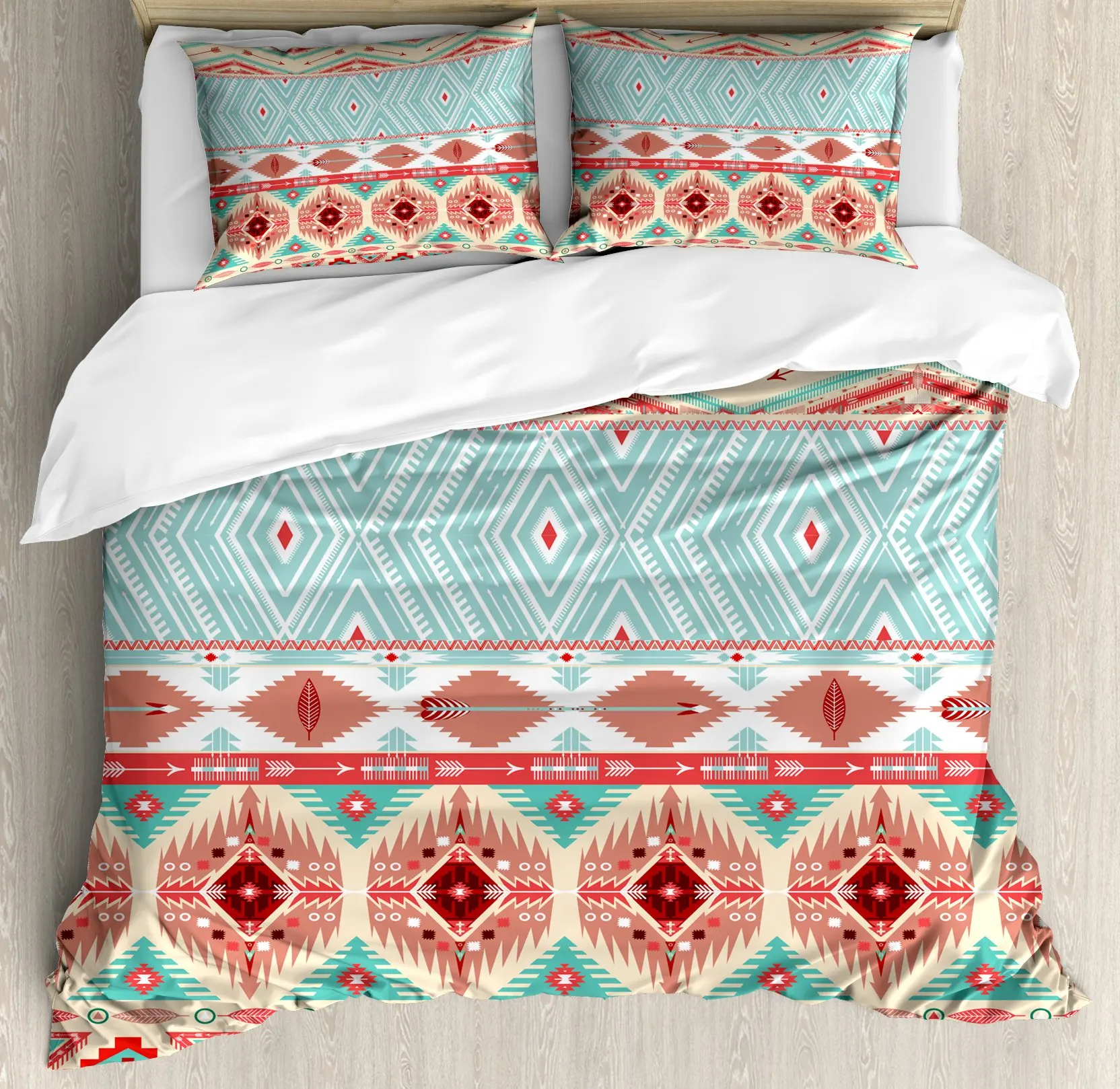 

Aztec Duvet Cover Set, Colorful Geometric Shapes Decor 3 Piece Bedding Set with 2 Pillow Shams, King Queen Size, Bedroom Decor