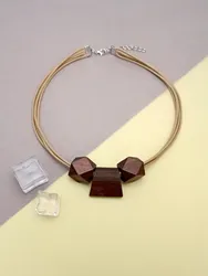 Women's Minimalist Multi Strand Cord Necklace with Geometric Natural Wooden Beads Pendant Vintage Boho Chic for Women Daily Wear