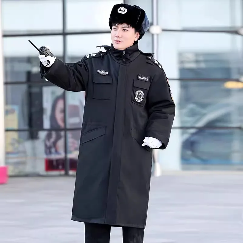 

Thiened Extended Winter Coat for Securi Guards Cold Resistance Work orm Cotton Jaet Long Sve Zipper Hooded Loose...