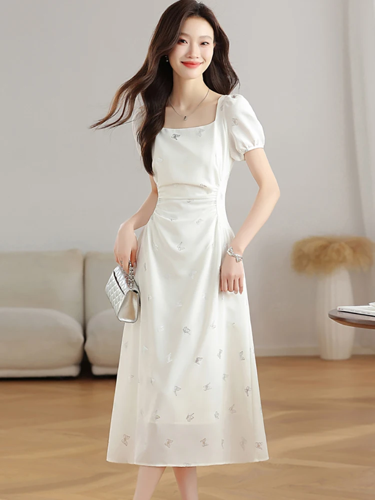 

Summer White Floral Chiffon Short Sleeve Square Collar Midi Dress Women Elegant Party Vestidos 2026 Korean Fashion Bodycon Dress