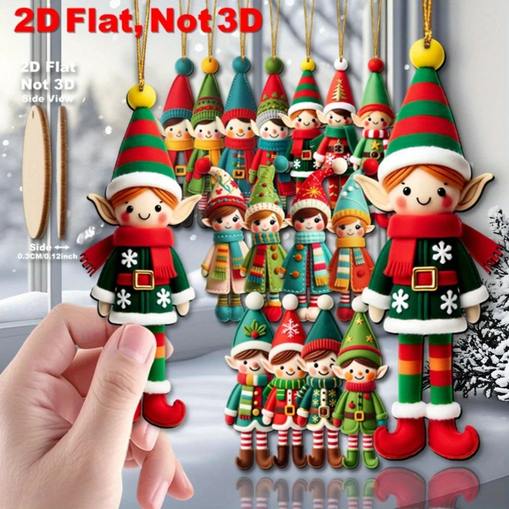 2D Flat 16pcs Set Recycled Wood Elf Figurines-Elf Ornaments with Expressive Faces & Poses,New Year,Thanksgiving Tree Decorations
