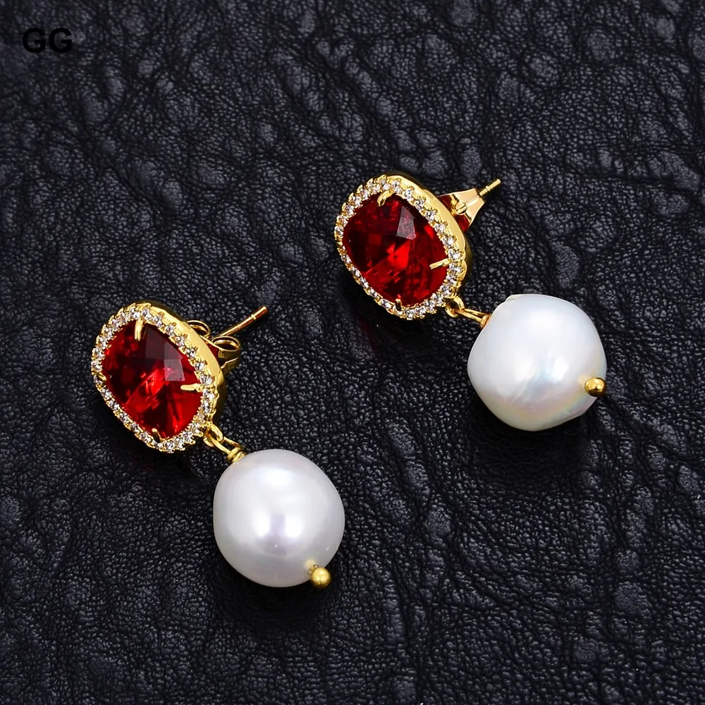 Natural White Baroque Keshi Pearl Red Crystal CZ Pave Earrings For Women