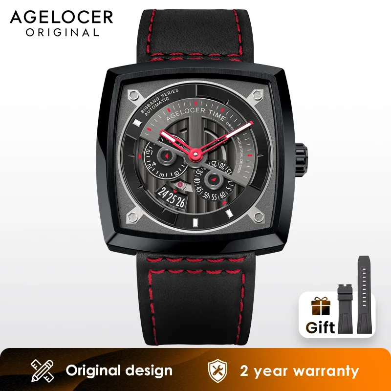 AGELOCER Original Racing Watch Men\'s Square Luminous Automatic Mechanical Watch Birthday Gift for Men