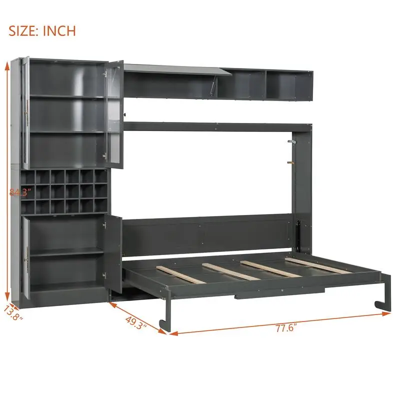 سرير حائط على شكل سرير ميرفي بالحجم الكامل مع أريكة وأرفف ومنافذ USB وإضاءة باللون الرمادي