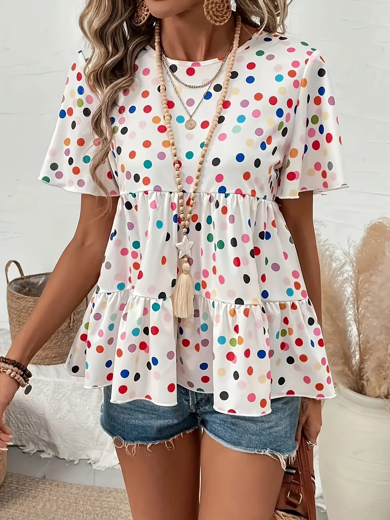 Kemeja Liburan Lengan Panjang Fashion Wanita Ukuran Besar 1XL-5XL Kemeja Blus Cetak Polka Dot Leher Kru Kasual Wanita