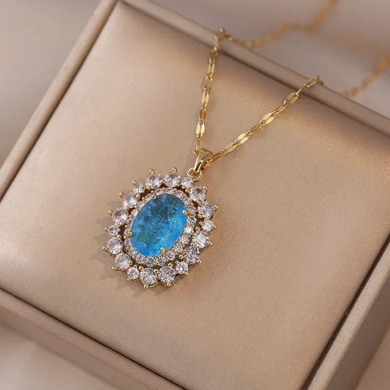 316L Stainless Steel Chian Oval Circular Micro Inlaid Zircon Pendant Woman Necklace Vintage Jewelry image 6