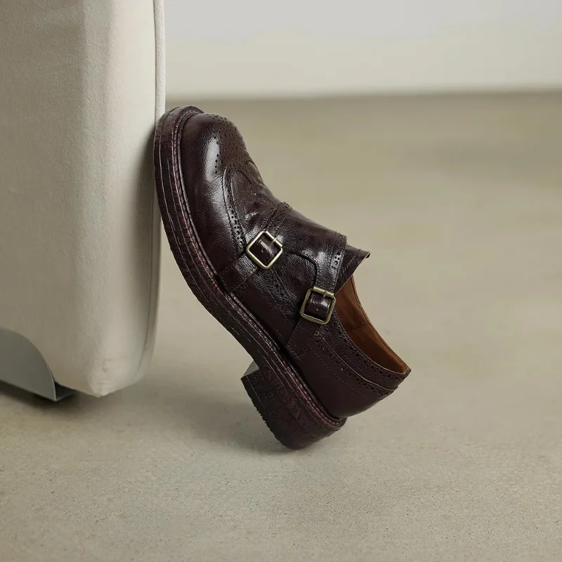 New British Style Loafers Women Genuine Leather Brown Round Toe Casual Office Leather Shoes Female Oxfords