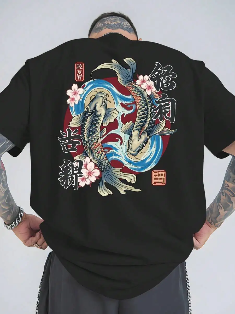 Japanese-Style Carp Pattern Summer Outdoor Short-Sleeve-Shirt, Men's Fashionable Printed Base Shirt, Versatile 100% Cotton