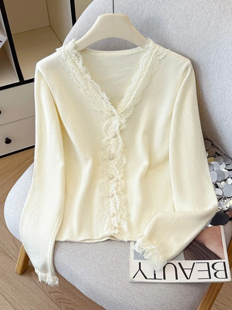 

REALEFT осенне-зимний кружевной лоскутный женский вязаный свитер с длинным рукавом, однобортный элегантный корейский тонкий кардиган, женский