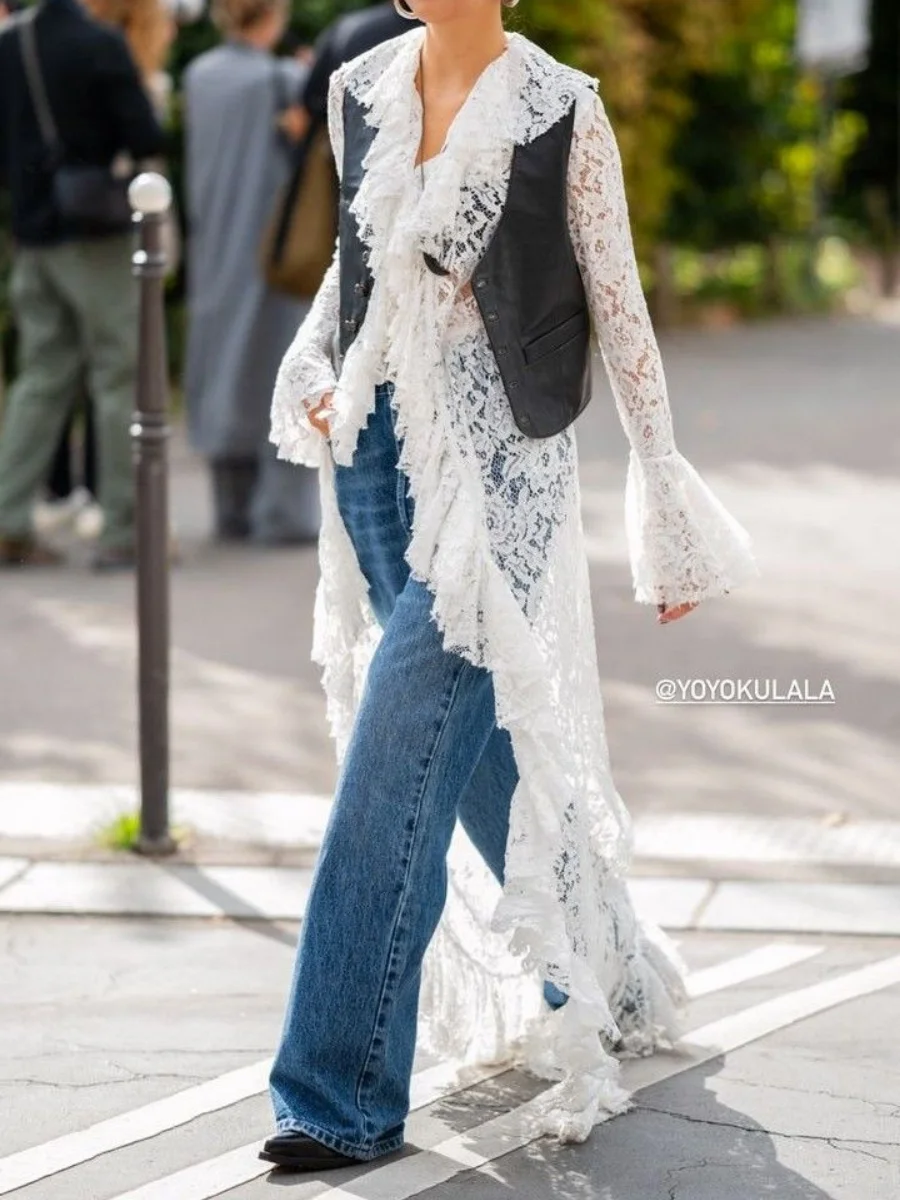 

Женский кружевной сетчатый струящийся макси-топ с завязками спереди, кардиган-мимоно, прозрачная многослойная рубашка с длинными рукавами и оборками, накидка