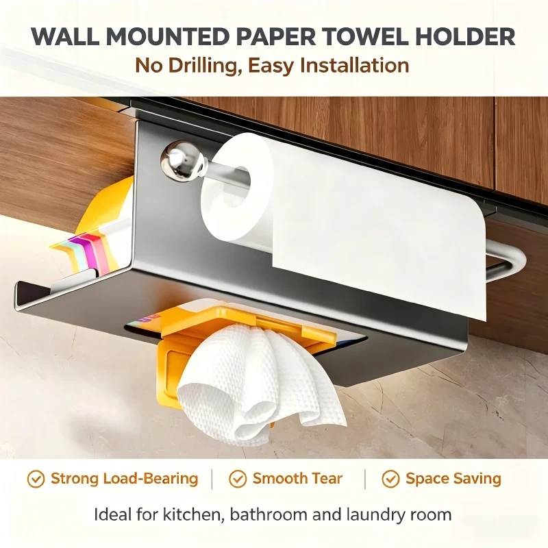Stainless Steel Wall Mount Tissue Box Holder - No-Drill Paper Towel Dispenser Rack for Kitchen, Bathroom and Home Organization