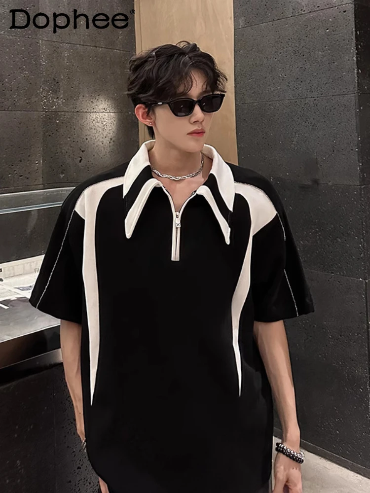 

Fashion Splicing Contrast Color Polo Shirts Men's 2025 Summer New Tees Male Shoulder Padded Short-sleeve Niche Half Zipper Tops
