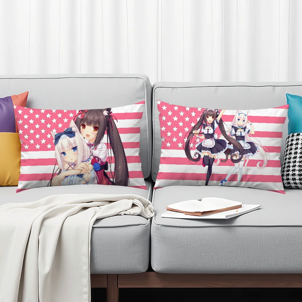 Anime Kawaii Girl Moe Y2k Chocola Vanilla Rectangle Pillowcover Home Sofa Living Room Dorm Bedside Hogar Pillowcase Party Gift
