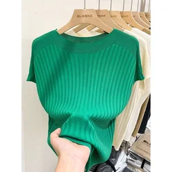 Women's Summer 2024 Design Knitted Short Sleeve T-Shirt Textured Loose Screw Thread Solid Color Korean Fashion Top Z113