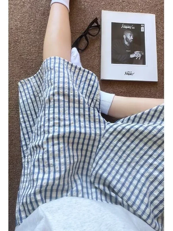 

American Plaid Blue Striped Shorts Loose Bubble Cloth Five-Quarter Pants Unisex Summer Lazy Style Couple's Casual Shorts