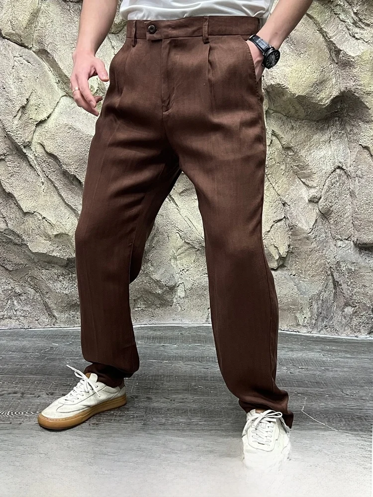

High-End Faionable Summer Men's Casual Pants Cool Sensation Zigzag Pattern Straight Leg mid Waist Zipper Closure Long Trousers