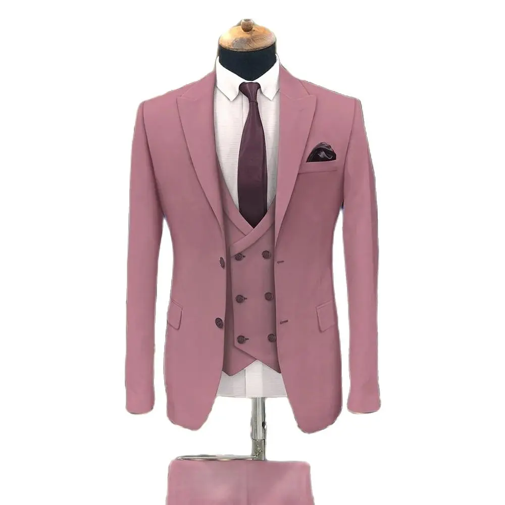 Formal Wedding Dusty Pink 3 Piece Jacket Pants Vest Male Clothing Single Breasted Peak Lapel Wedding Full Sets Elegant Men Suits