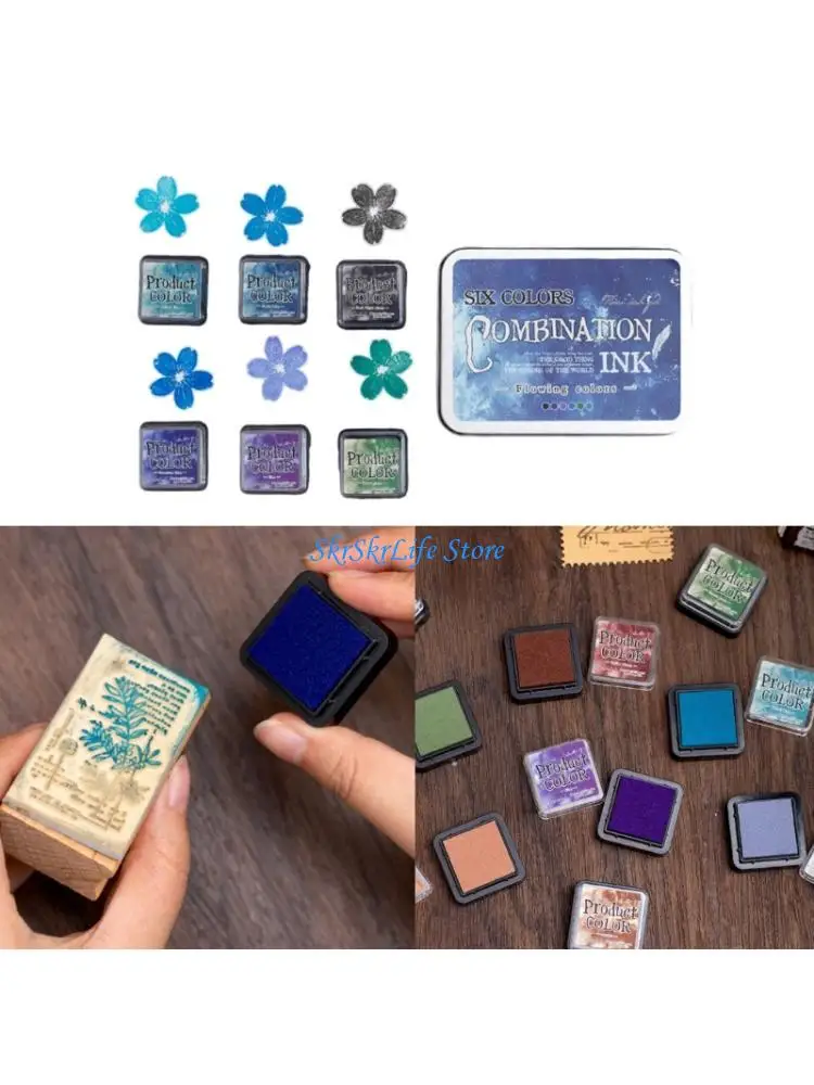 

E65E 6 Pcs Portable Stamp Pad Combination Inkpad Flowing Colors Series Pad Set