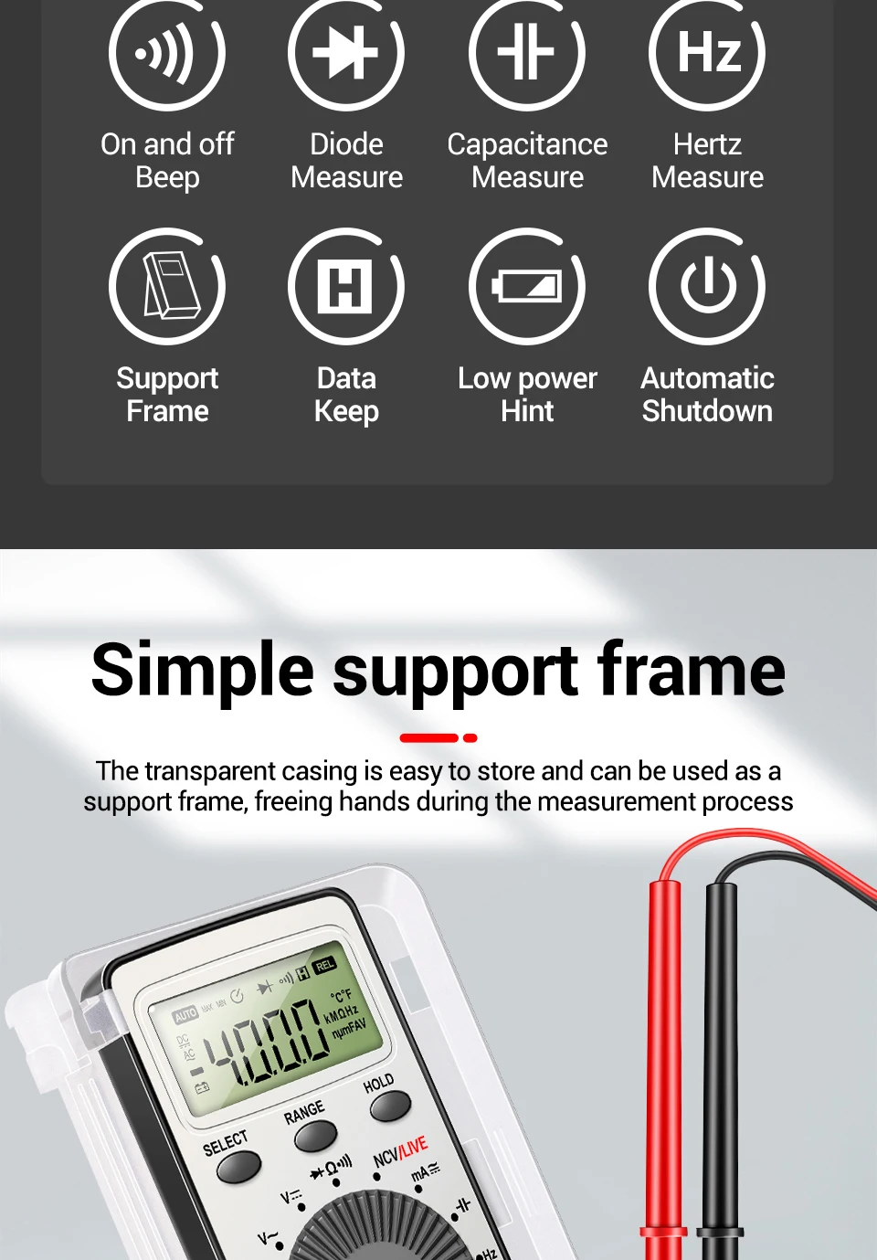 ANENG AN101 Mini-Digitalmultimeter aus ABS-Material, 4000 Zähler, NCV-Detektor, Datenhaltefunktion, automatische Abschaltung für elektronische Wartungsarbeiten – Detail 2