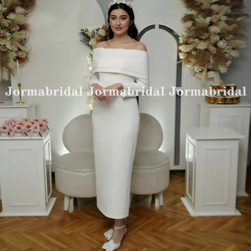 Crepe Short Mermaid Wedding Dress with Off the Shoulder Long Sleeves Turkey Bride White Ivory Midi Bridal Gowns Made to Measure