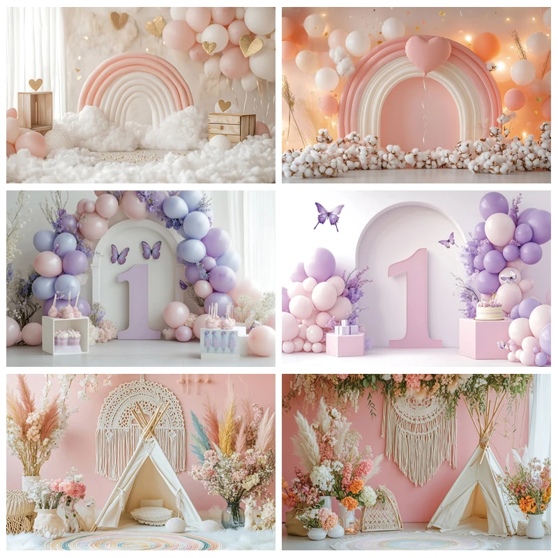 

Purple Rainbow Photograph Background Colorful Balloon Gift Tent Newborn Baby 1st Birthday Cake Smash Decor Photo Studio Backdrop