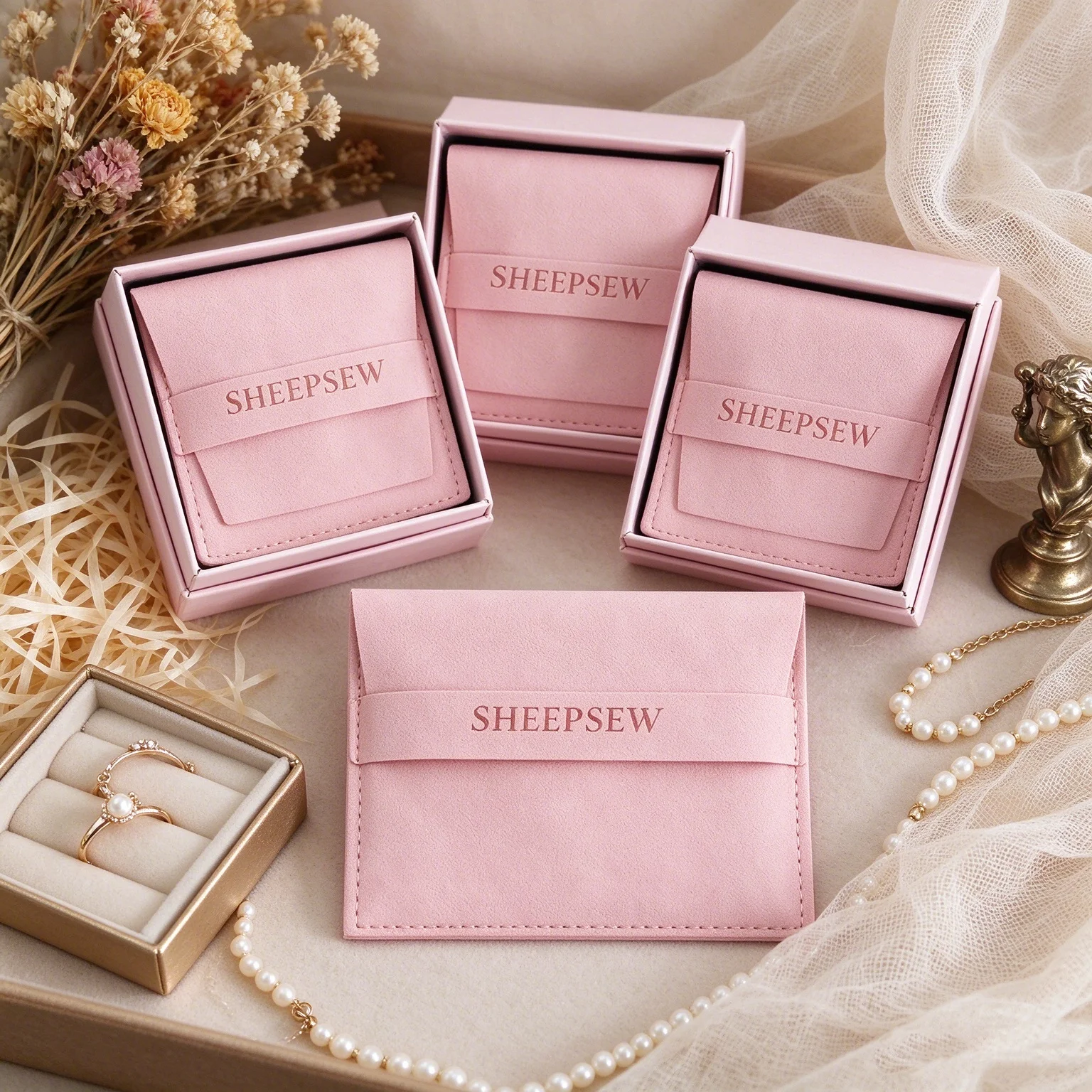 SHEEPSEW 24/50/100Sets Personalized Logo Jewelry Packaging Set, Assorted Size Paper Boxes & Microfiber Pouches for Earrings Ring