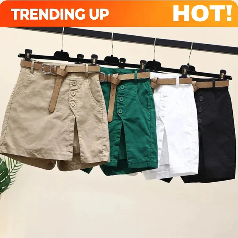 Customization 2025 New Chic Shorts Women Belt Korean Solid Buttons Side Slit A-line Streetwear Fashion Skirts Chic Harajuku Summ